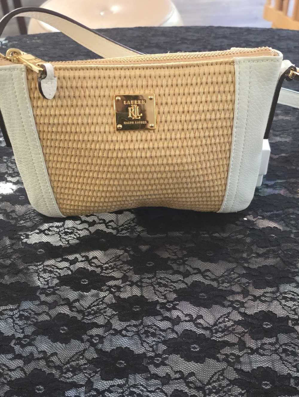 LAUREN Ralph Lauren Straw Crossbody with Cream Trim and Gold Plaque